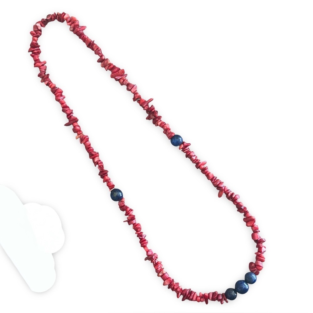 Red Coral Blue Beaded Necklace